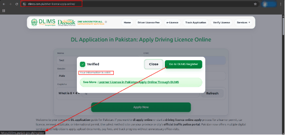 Fake license application popup