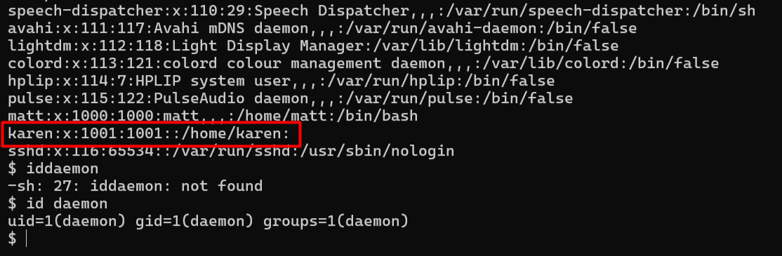 /etc/passwd output continued, plus id daemon example