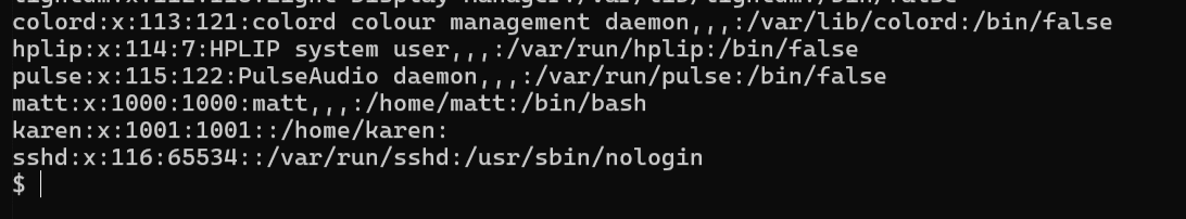 /etc/passwd output, karen's entry highlighted