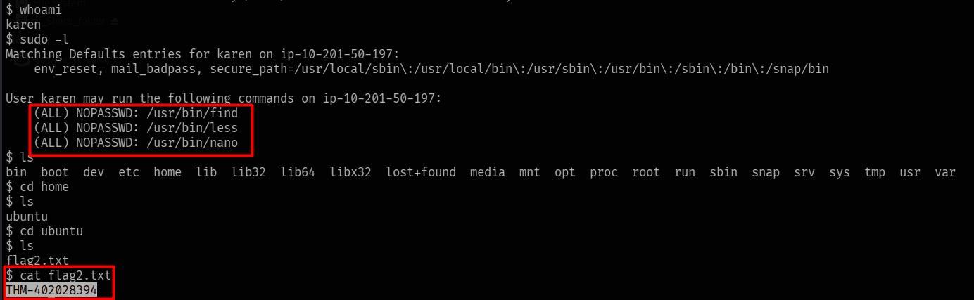 sudo -l listing three NOPASSWD commands