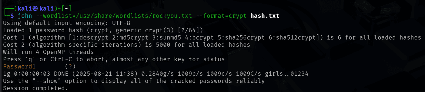 John the Ripper cracking the hash to recover Password1