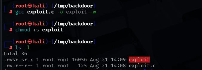 Compiling the exploit and setting the SUID bit