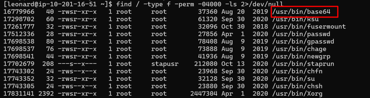 find SUID listing with /usr/bin/base64 highlighted