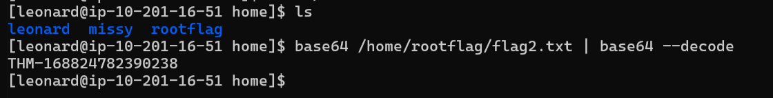 Listing the home directory and reading flag2.txt via base64
