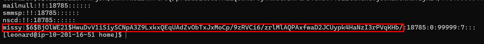 /etc/shadow dump continued, missy's hash highlighted