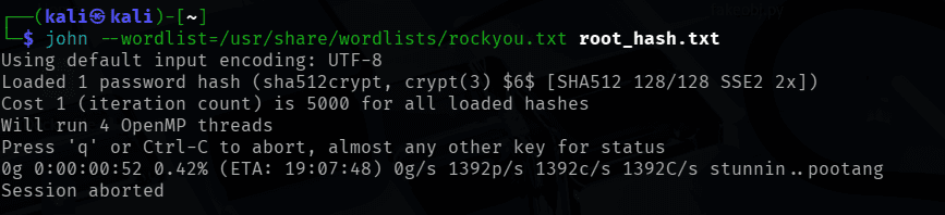 John the Ripper failing to crack root's hash, session aborted
