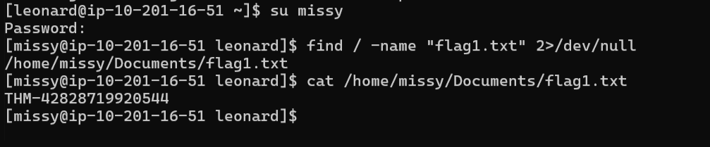 Switching to missy and reading flag1.txt