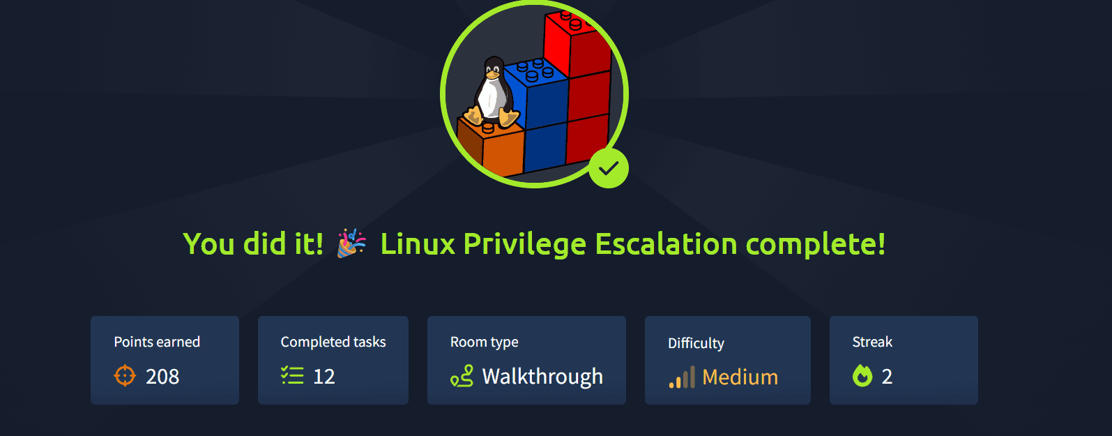 Room completion badge - Linux Privilege Escalation complete