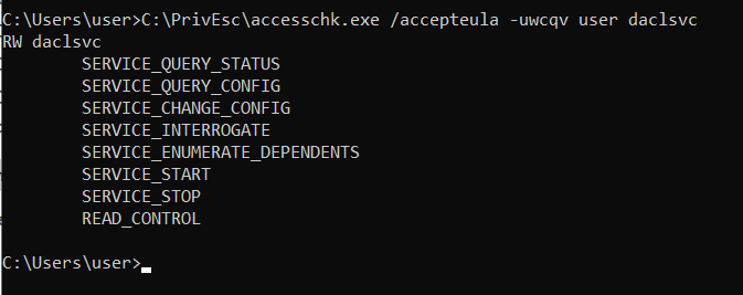 accesschk showing the user account's rights over daclsvc