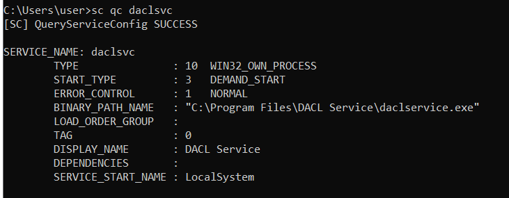 sc qc daclsvc showing SERVICE_START_NAME: LocalSystem