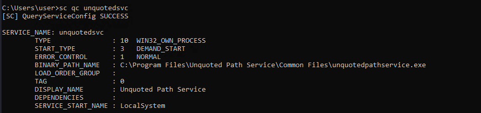 sc qc unquotedsvc showing the unquoted BINARY_PATH_NAME