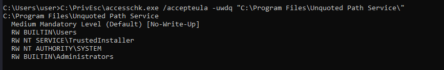 accesschk confirming BUILTIN\Users can write to the service directory