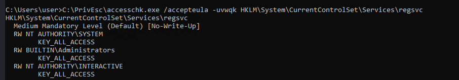 accesschk showing NT AUTHORITY\INTERACTIVE has write access to the registry key