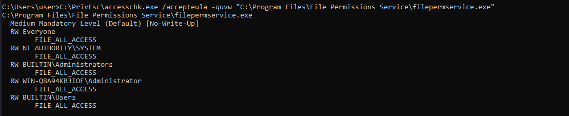 accesschk showing the service binary is writable by Everyone