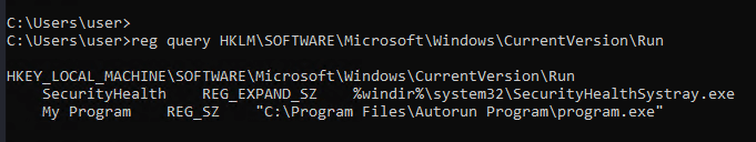 reg query showing AutoRun entries