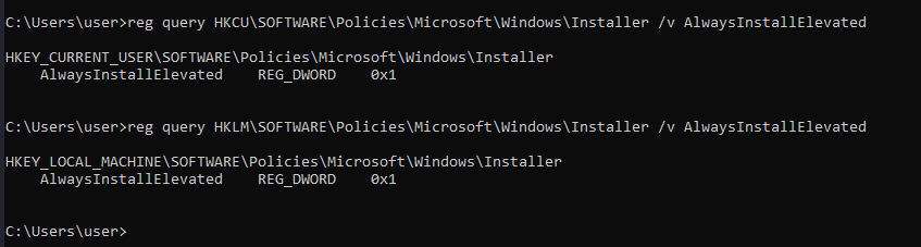 Both AlwaysInstallElevated keys set to 0x1