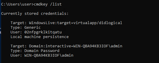 cmdkey /list showing saved credentials for the admin account