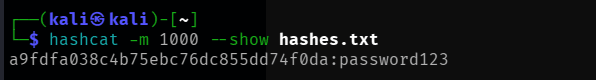 hashcat showing the cracked admin password