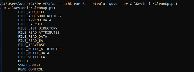 accesschk confirming write access to CleanUp.ps1
