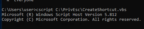 Running CreateShortcut.vbs to drop a shortcut to reverse.exe in StartUp