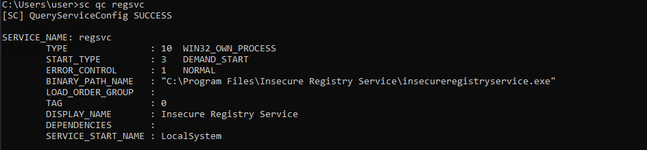 sc qc regsvc showing it runs as LocalSystem