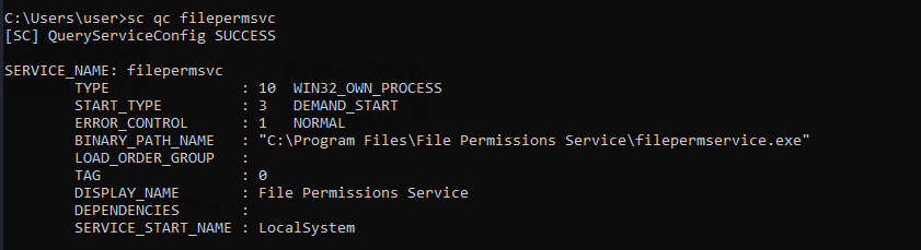 sc qc filepermsvc showing it runs as LocalSystem