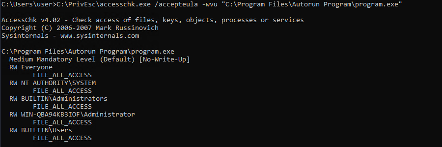 accesschk showing the AutoRun executable is writable by Everyone