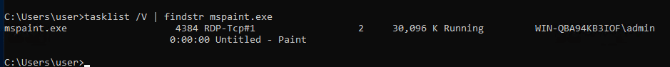 tasklist confirming mspaint.exe is running as the admin account