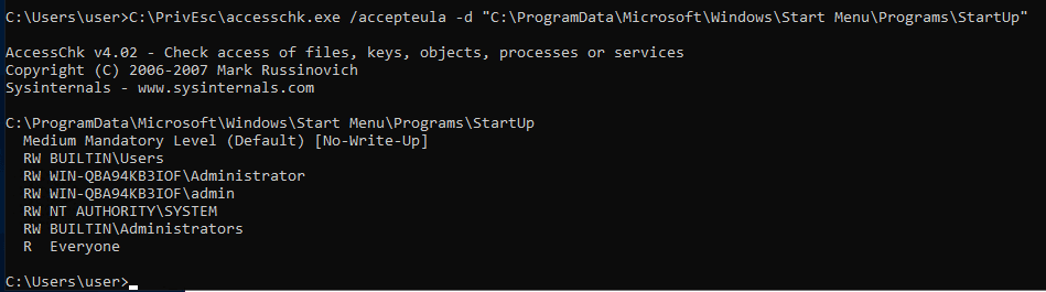 accesschk confirming BUILTIN\Users can write to the global StartUp folder